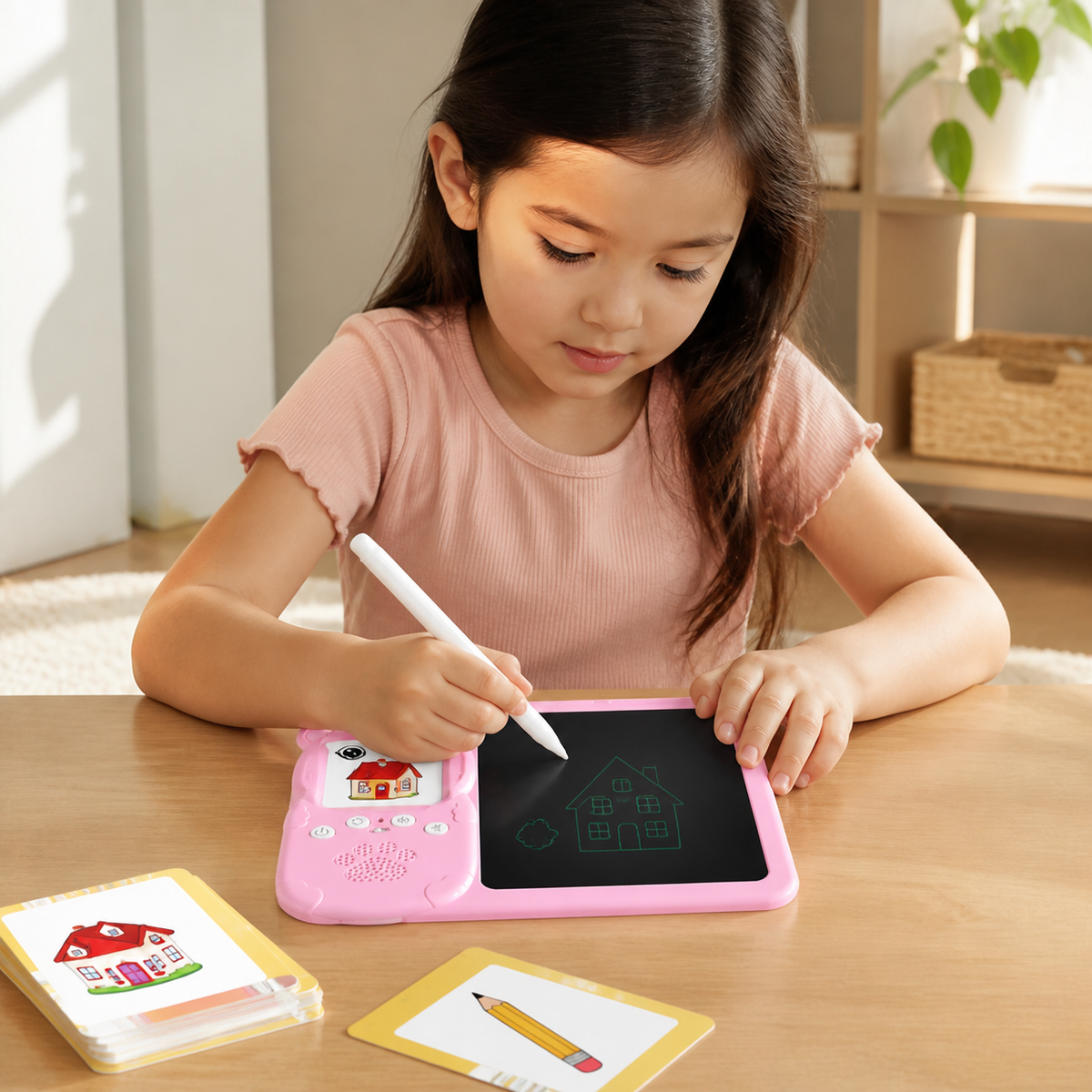 Child practising a word on the Nuvia Learn & Draw LCD tablet