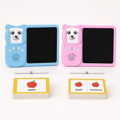 Blue and pink Nuvia Learn & Draw with English and English plus Spanish learning cards