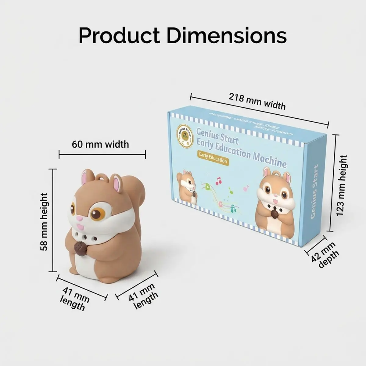 Smart Squirrel reader and packaging dimensions