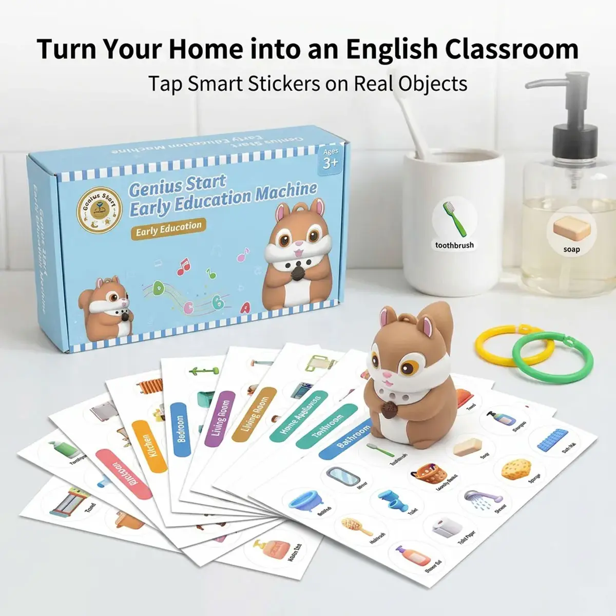 Smart Squirrel learning stickers used on household objects