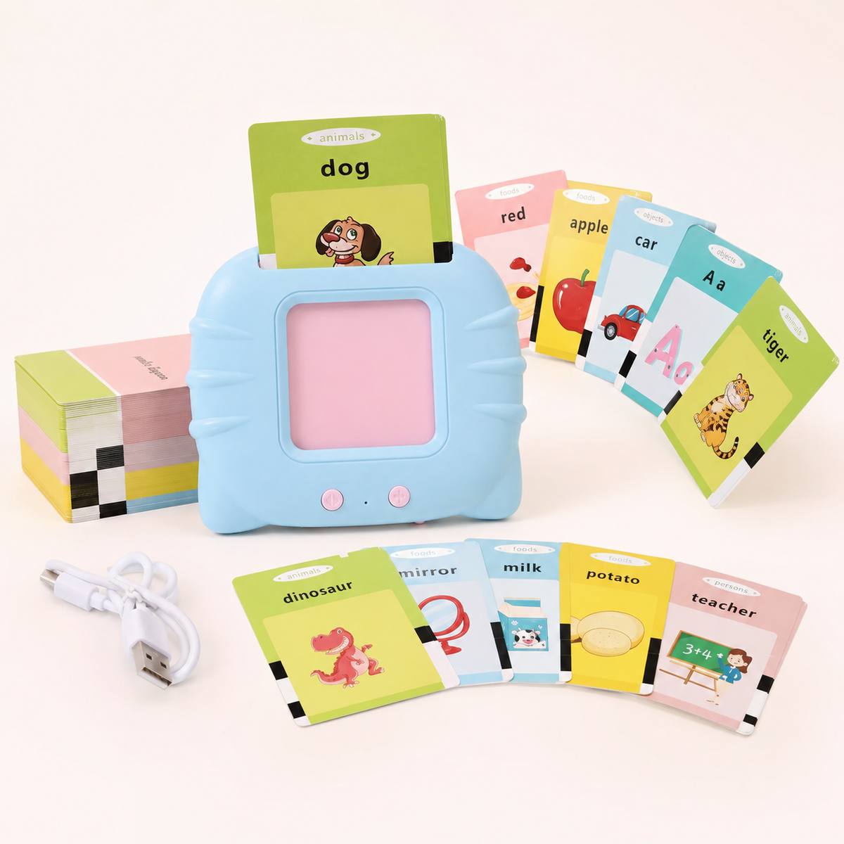 Nuvia Talking Flash Cards reader, colourful learning cards and charging cable